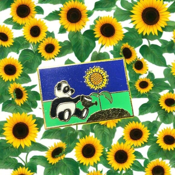 Panda Watering Sunflower in Field Enamel Brooch Pin Vintage - Picture 1 of 4